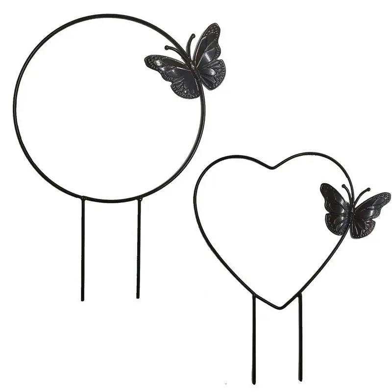 

2 Pieces Plants Climbing Trellis With Butterfly Metal Garden Flower Support With Anti-Rust Coating Round&Heart Decorative Plant