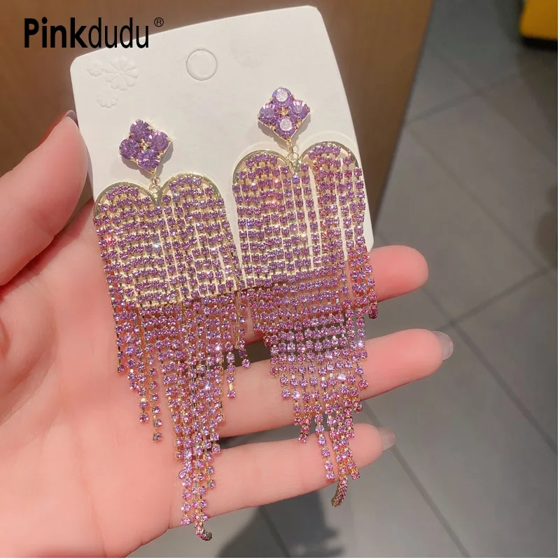 

Модные серьги Pinkdudu с фиолетовыми кисточками в форме сердца Стразы, крупные геометрические висячие серьги из сплава для женщин, ювелирные из...