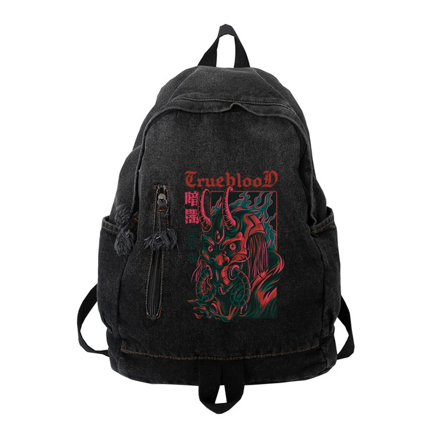 

Women Men High Quality Soft Denim Backpacks Vintage Female Travel Ladies Bagpack Washed Retro Funny Cartoon Pattern Printed