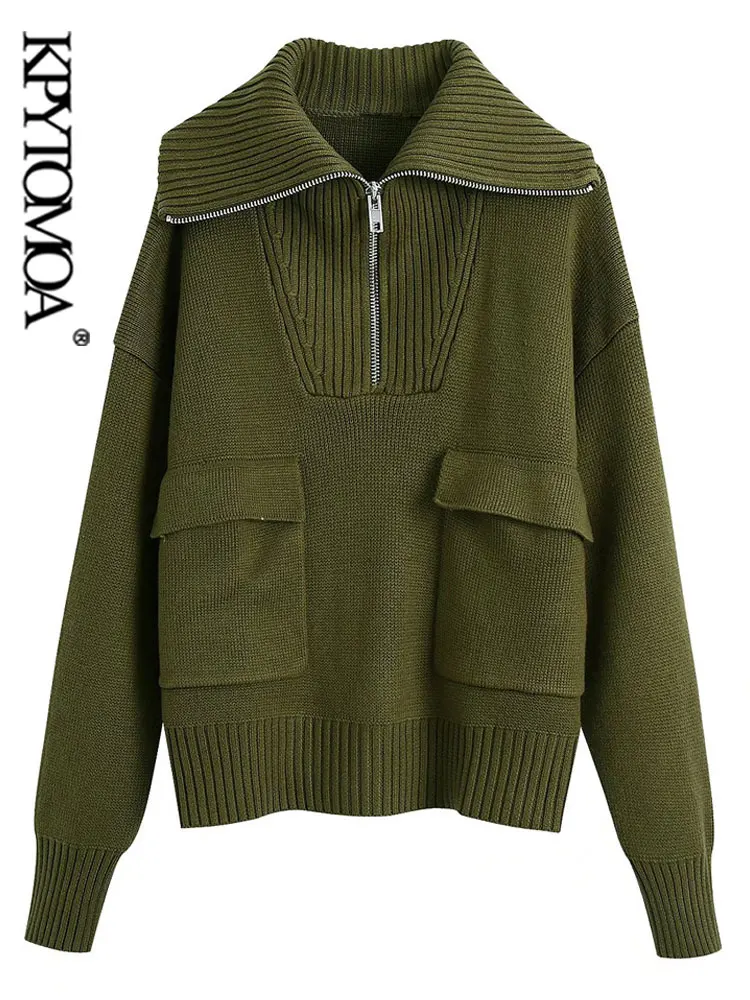 KPYTOMOA женский модный с карманами на молнии Свободный вязаный свитер винтажные