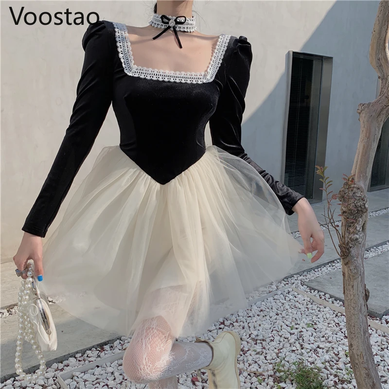 

Vintage Lace Square Collar Velvet Splicing Mesh Dress Women Elegant Puff Sleeve Bow Party Dresses Female Chic Princess Vestidos
