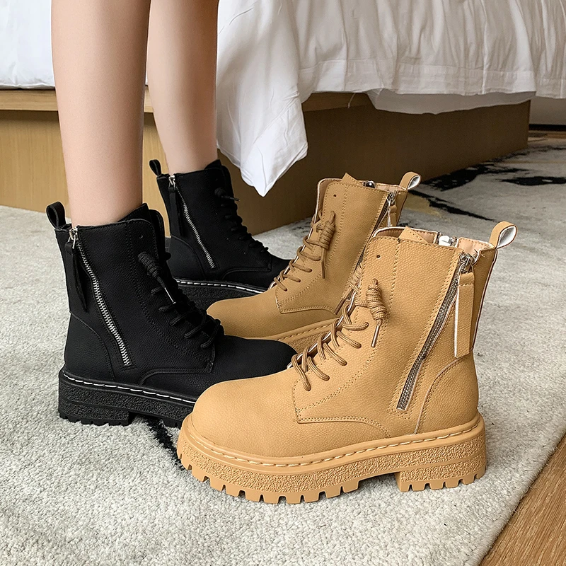 Ankle Boots for Women's Ladies Fashion Lace Up Martin Boots 2022 Winter New Women Pu Leather Platform Short Boots Botines Mujer