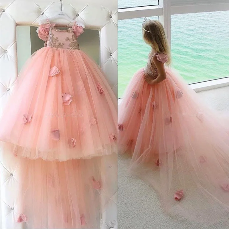 

Beach Wedding For Flower Girl Dresses Blush Pink Tutu Spaghetti Ruffles Girls Pageant Gowns For Baby Child Birthday Party Dress