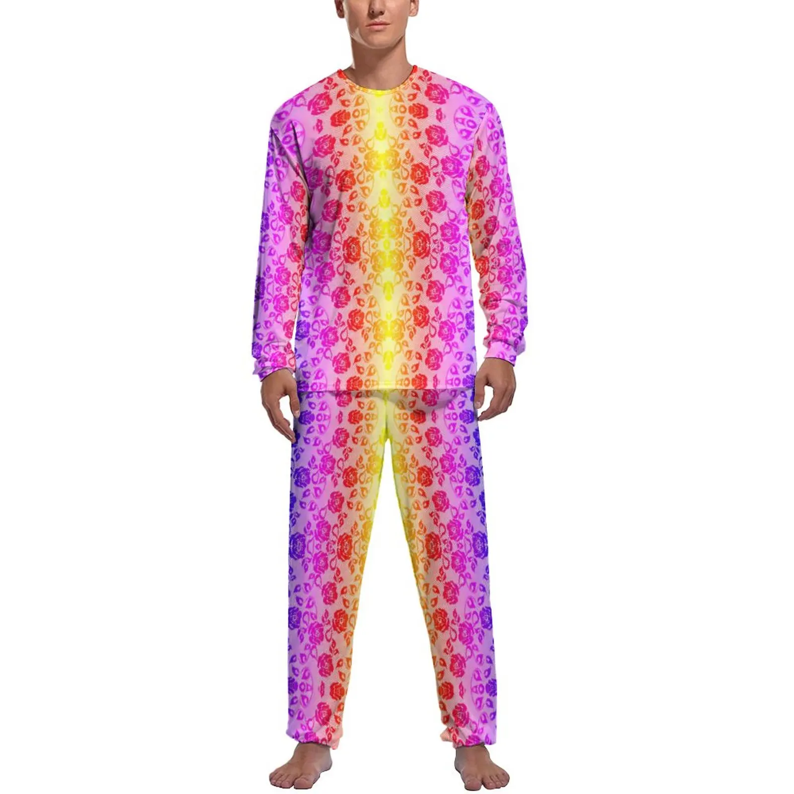 

Faux Roses Pajamas Male Lace Fishnet Colorful Romantic Nightwear Spring Long Sleeves 2 Pieces Casual Design Pajama Sets