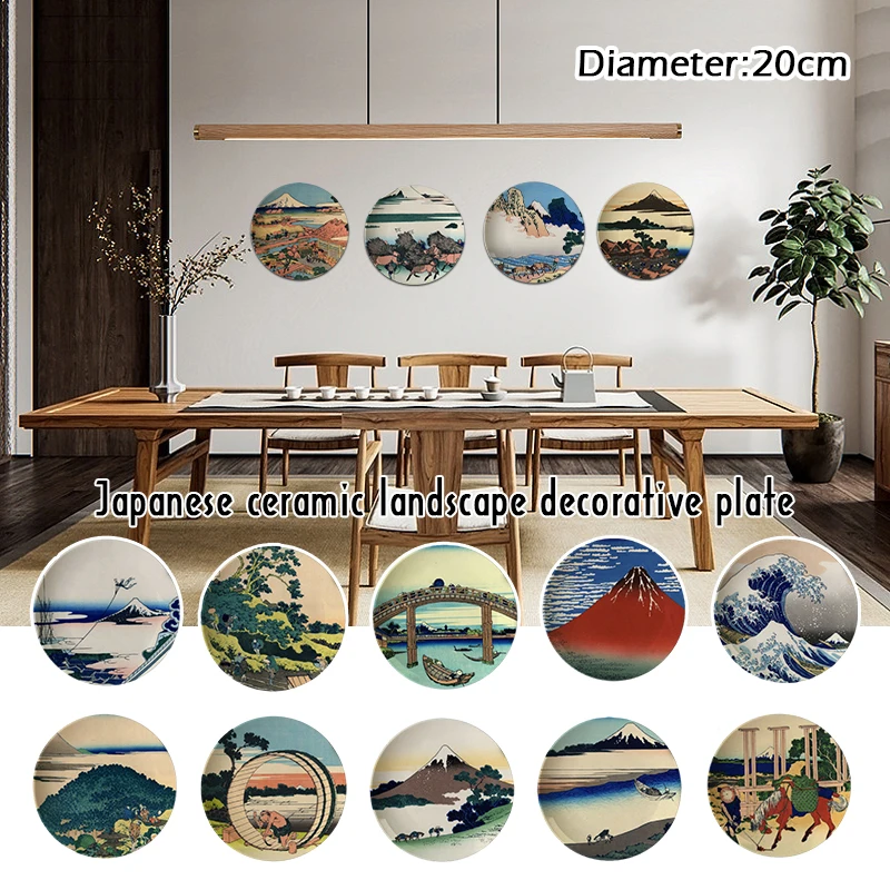 

20cm Japanese Landscape Ukiyo-e Art Plate Ceramic Plate With Base Home Decor Ornament Furnishings Flower Arrangement Home Crafts