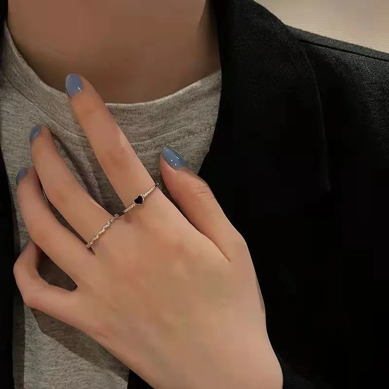

Vintage The Ring Set For Women Silver Color Black Crystal Heart Ring Fashion Jewelry Girl Gifts
