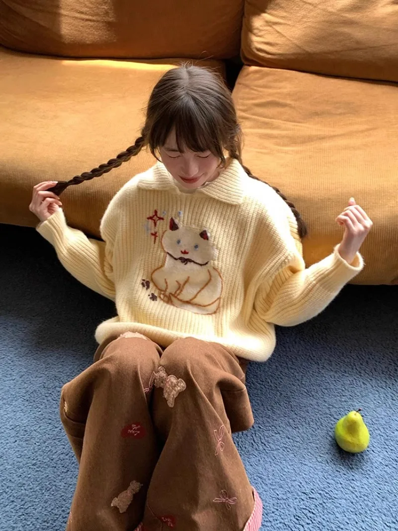 2024 новый корейский осенний воротник-поло контрастного цвета вязаный свитер с