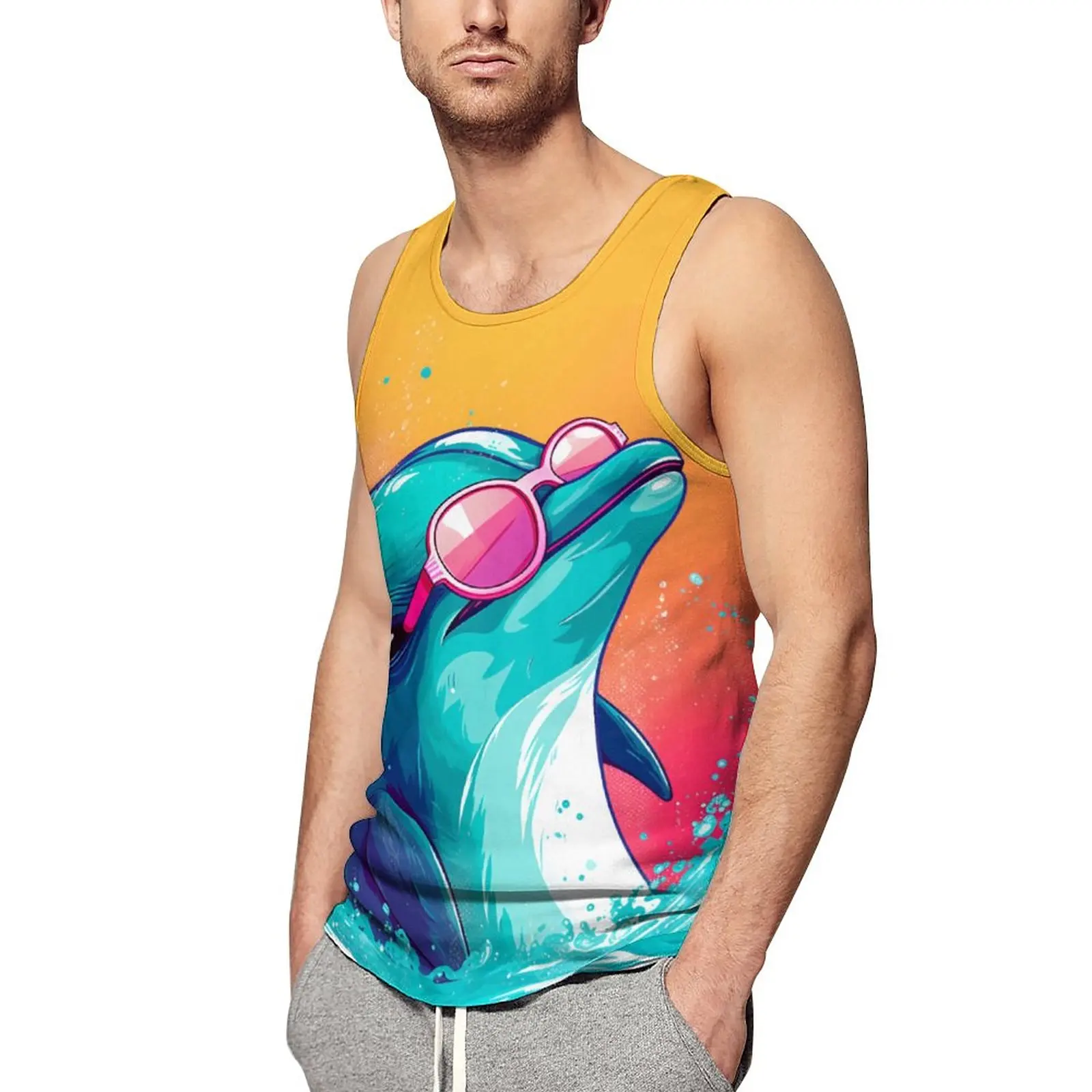 

Футболка с изображением дельфина, солнцезащитные очки, графический Рисунок, винтажные топы, мужские жилеты без рукавов с графическим рисунком для летних тренировок, параметры 4XL, 5XL