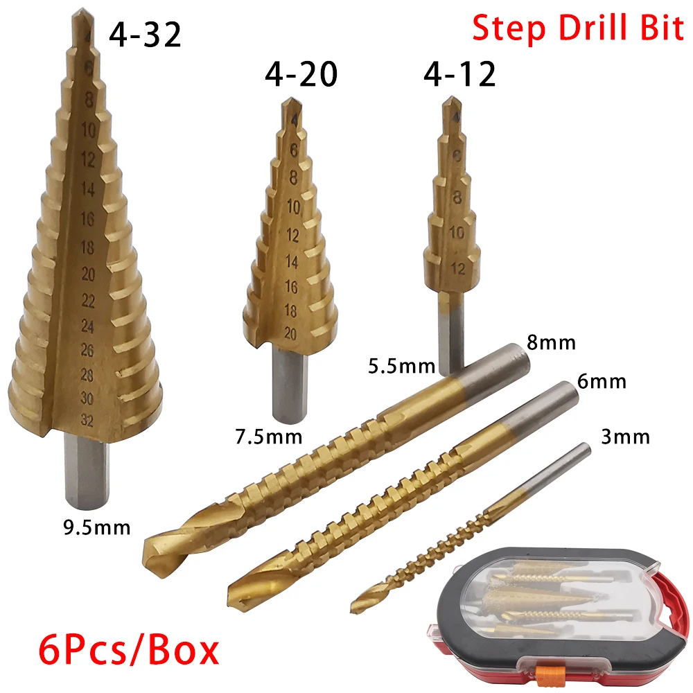 

6Pcs/Set Step Drill Bit HSS Steel Large Step Cone Drill Titani-um Bit Hole Cutter for Metal/Wood Cone Drill Bit-Milling Cutter