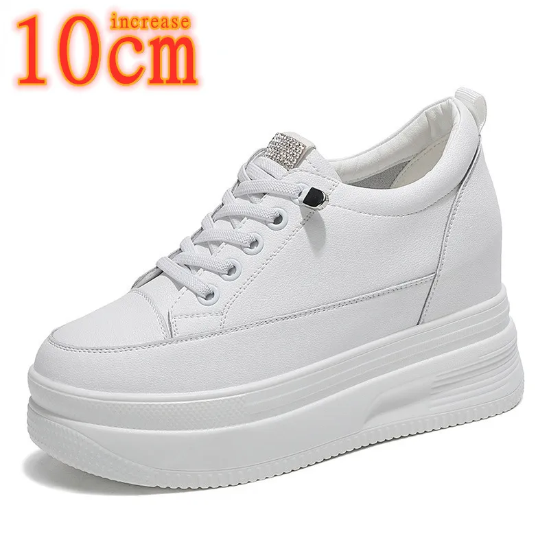 

Heightened 10cm Leather Sports White Shoes Women's New Spring Elevator Women's Shoes Hate The Sky High Platform Shoes Sneakers