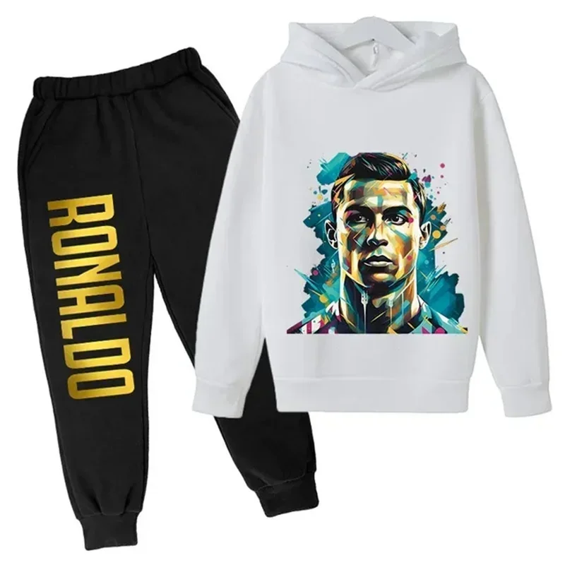 Ronaldo printed children's hoodie set autumn and winter fleece hooded pants two-piece sports casual clothing