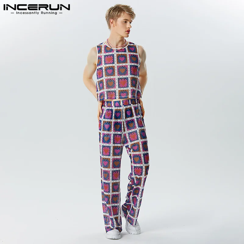 

INCERUN 2023 Men Sets Printing Transparent O-neck Sleeveless Crop Tank Tops & Pants 2PCS Streetwear Lace Fashion Sexy Men Suits