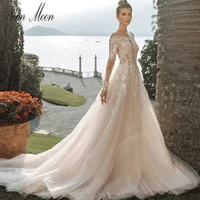elegant a line wedding dress lace appliques bride dress illusion long sleeve backless bridal gown vestido de novia