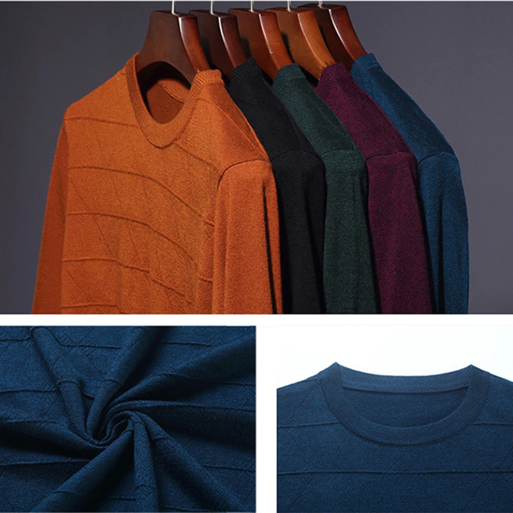 Covrlge Men's Autumn O-Neck Jacquard Thin Sweater 6% Wool Dark Stripe Knit Sweaters Solid Color Casual Long Sleeve Male MZM206