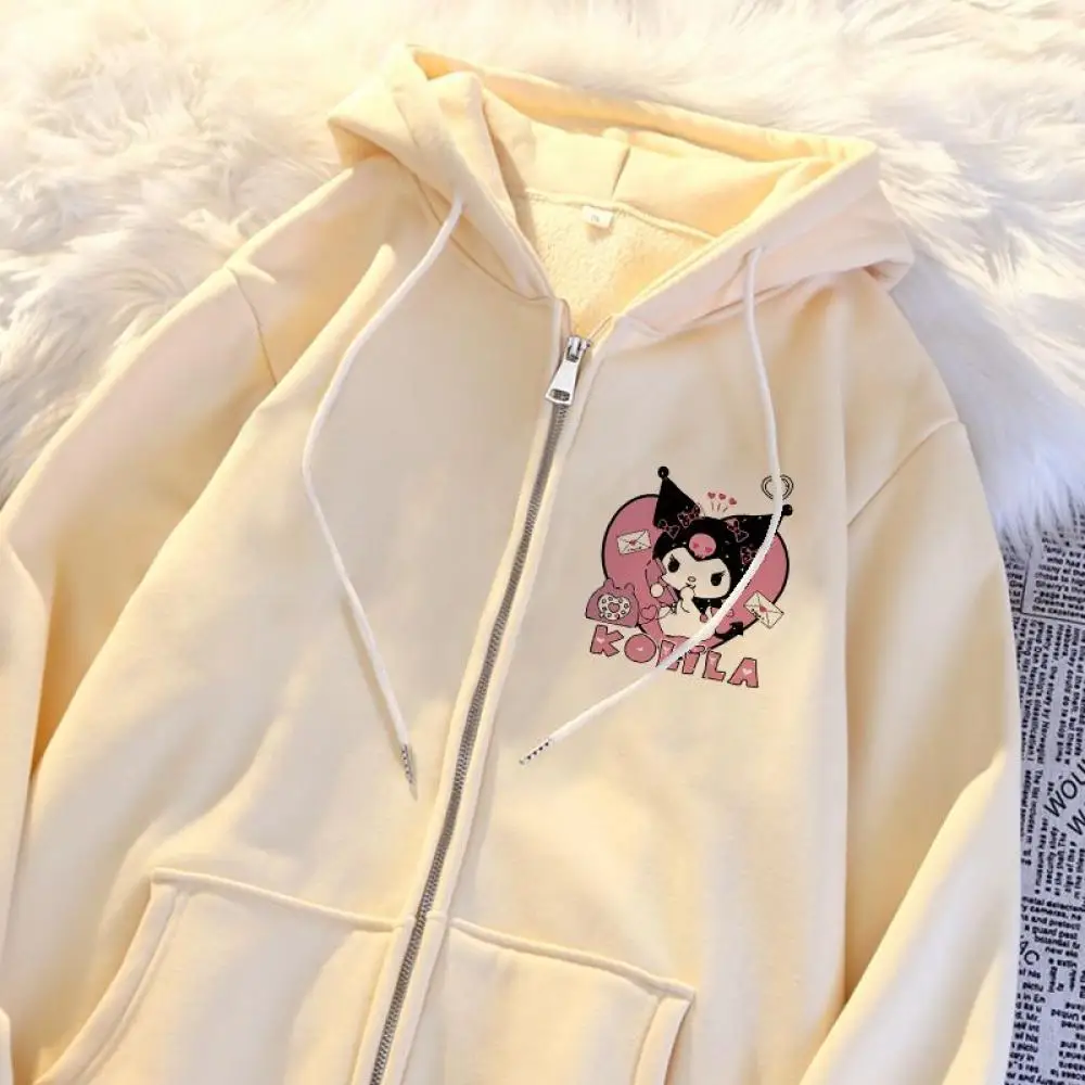 

Кавайная Женская толстовка с капюшоном Sanrio Kuromi с аниме утепленное теплое пальто на молнии с длинным рукавом осень-зима милый Повседневный Женский Топ
