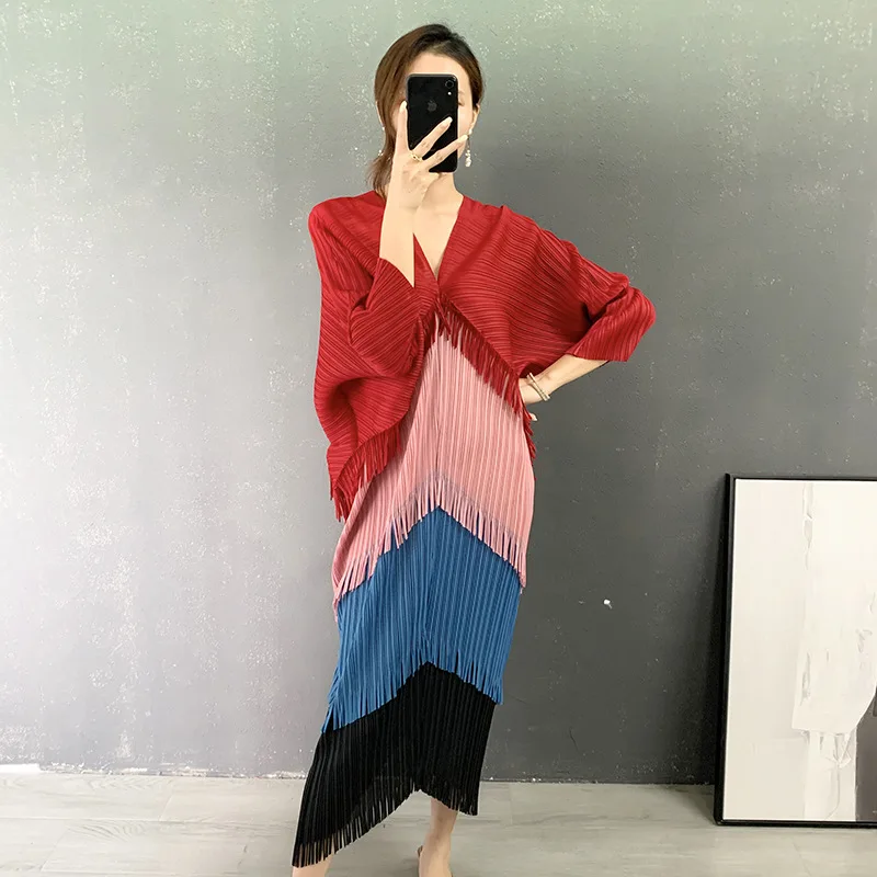 

Платье миаке с кисточками и V-образным вырезом, модное тонкое свободное платье «рыбий хвост» контрастных цветов с рукавами летучая мышь, X186, ...