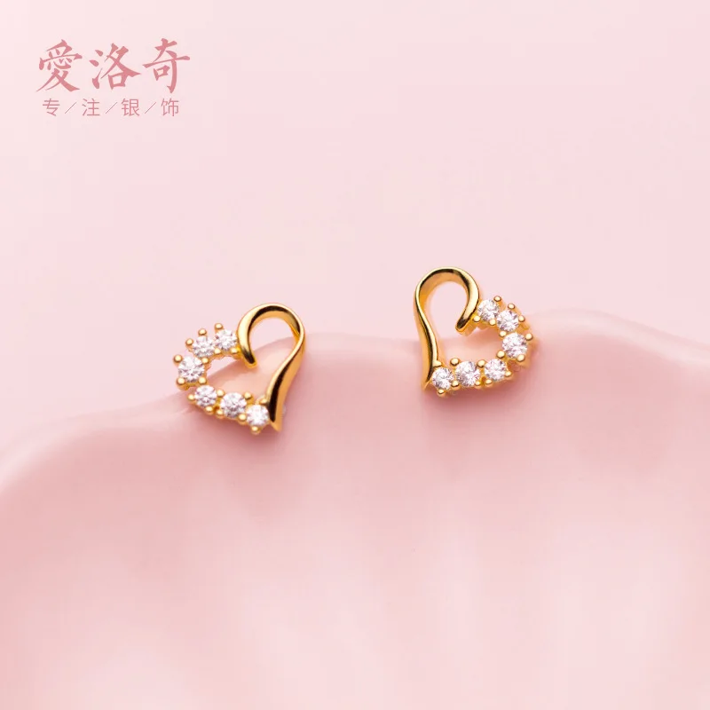 

s925Silver Stud Earrings For Women Korean Style Fresh Diamond Studded Hollow Love Sweet Heart Cute Earrings