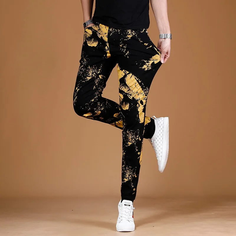 Black Jeans Men Summer Fashion Golden Printed Pants Streetwear Casual Straight Slim Fit Denim Trousers