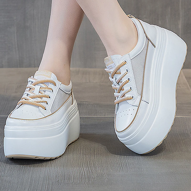 8cm Hollow Air Mesh Genuine Leather 2023 New Fashion Wedge Platform Breathable Concise Vulcanized Summer Ladies Chunky Sneakers