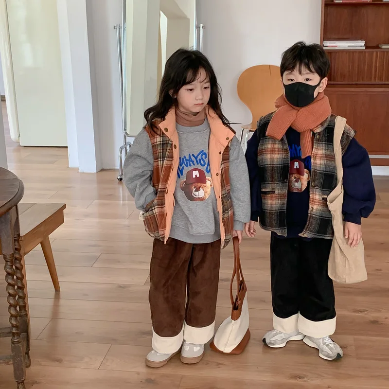 Children's Winter Waistcoat 2022 Fashion Baby Girl Sleeveless Jacket Toddler Double Sided Warm Vest Korea Boys Plaid Padded Coat images - 6
