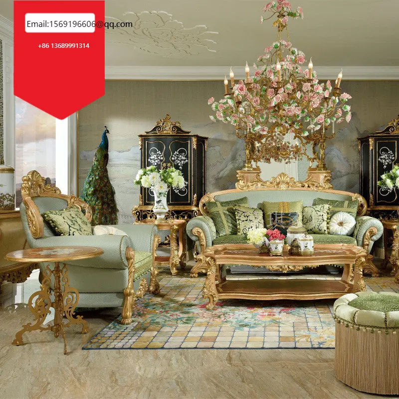 Custom European sofa French all solid wood carving tea table luxury villa living room combination