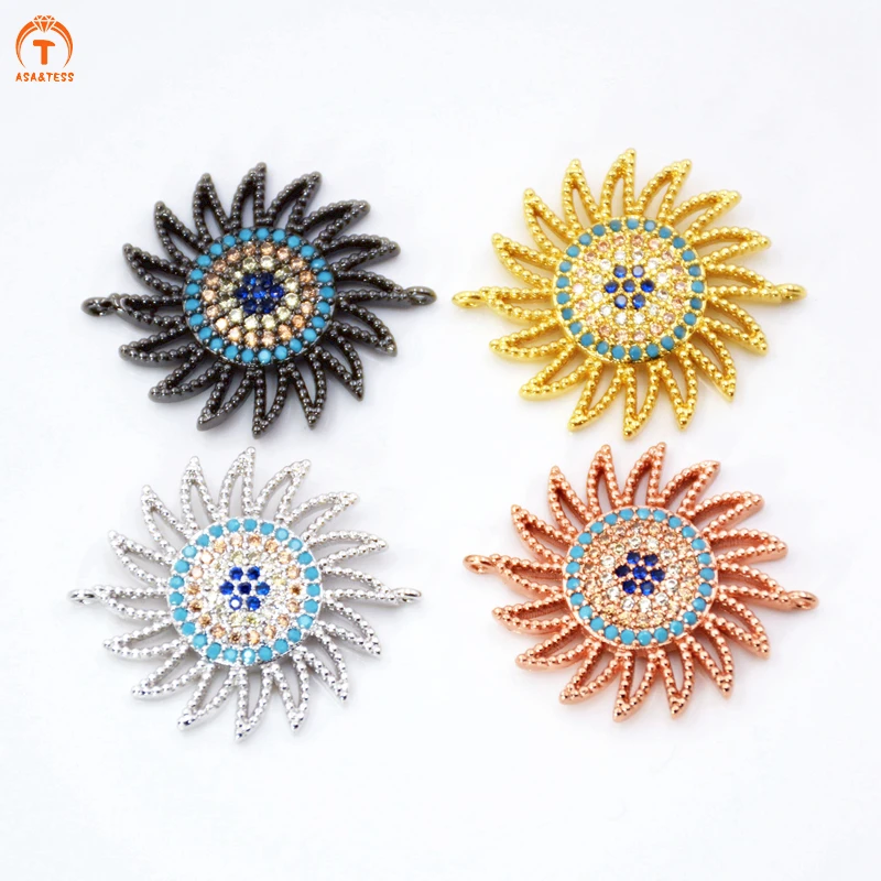 

5pcs Rose Gold Silver Black Color Sunflower Pendant Micro Pave CZ Double Holes Connector Cubic Zirconia Flower Jewelry Making