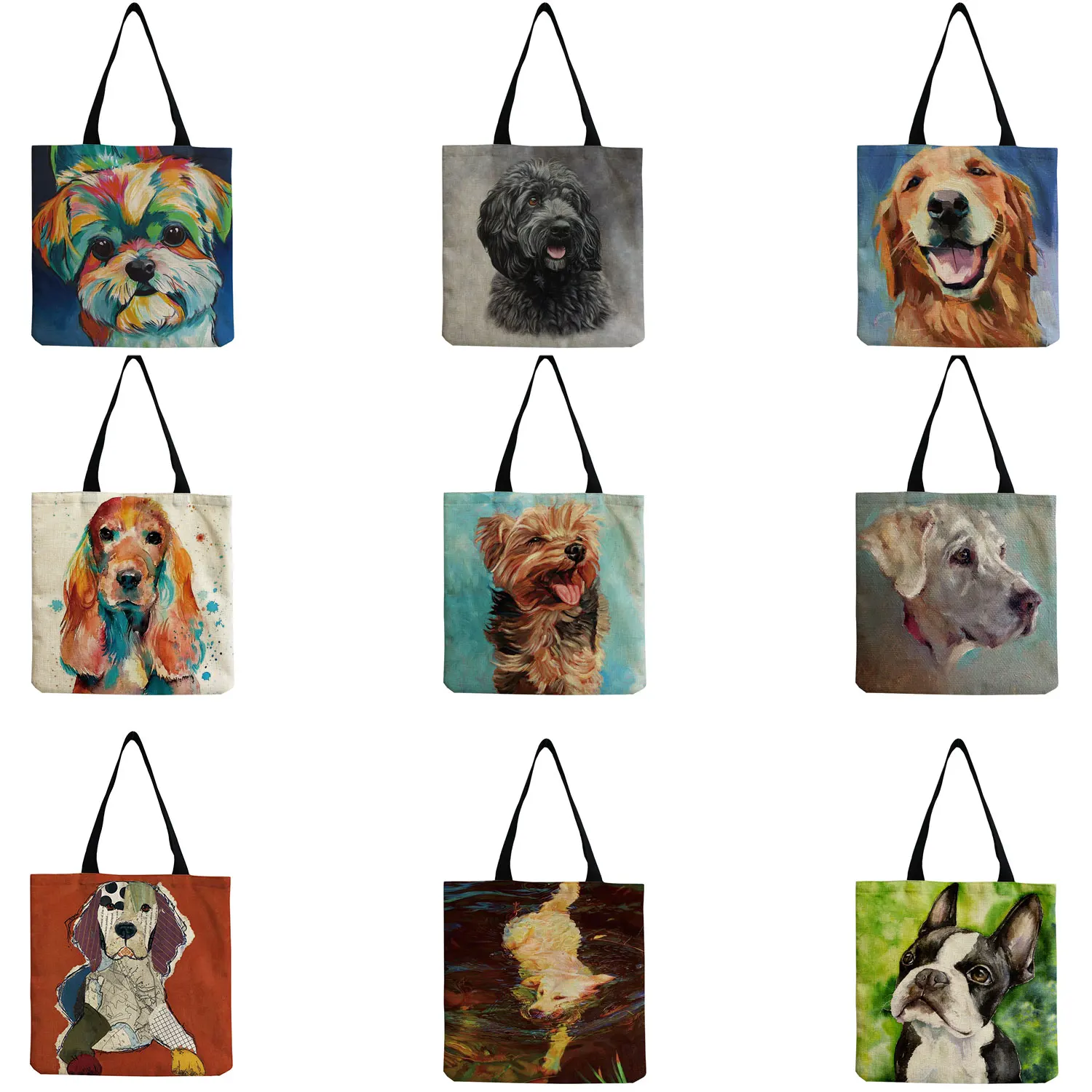 

Women Handbag Large Capacity Colors Oil Painting Dog Print Shopping Bags For Groceries Art Papillon Pug Retriever Shoulder Totes