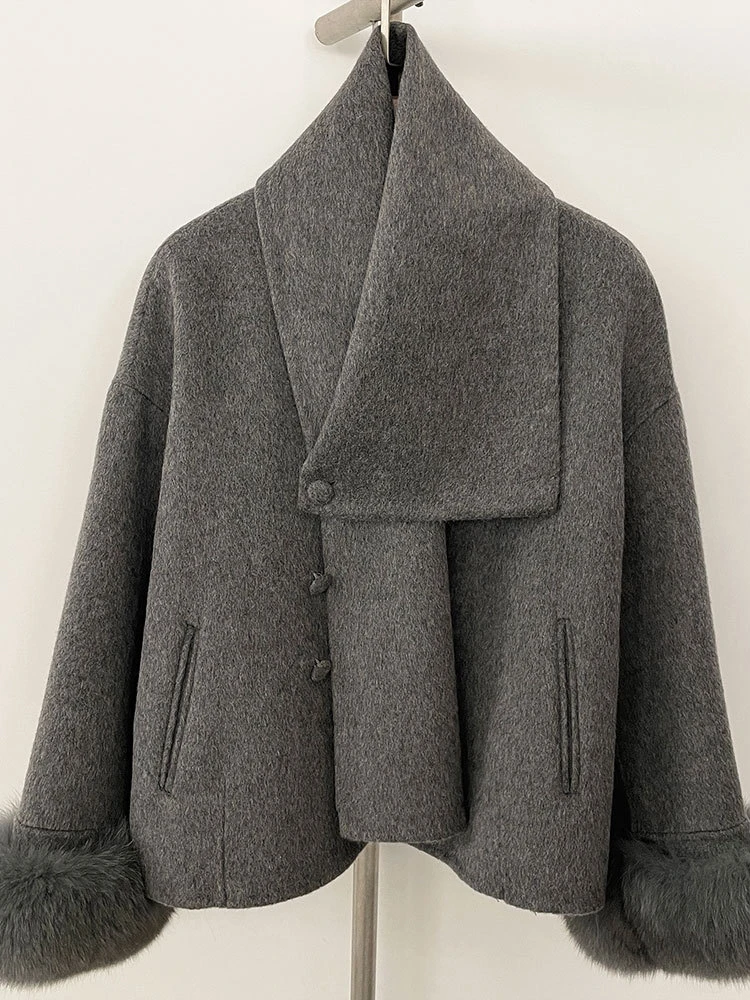 LANMREM шарф съемное шерстяное пальто с манжетами из лисьего меха темпераментное