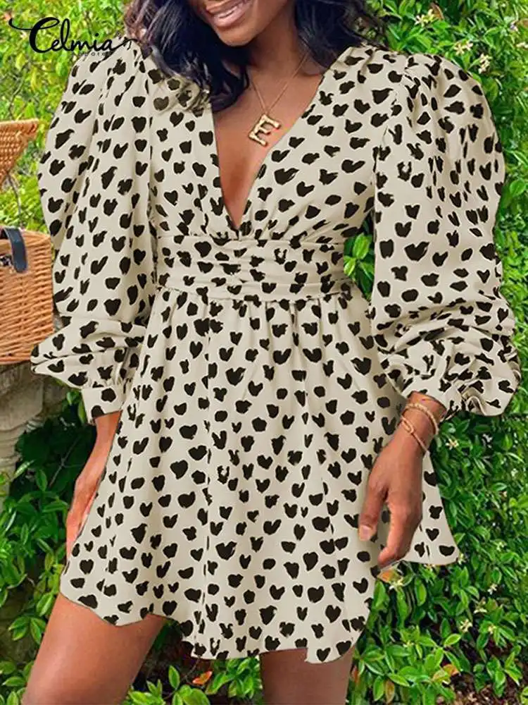 

Богемные платья Celmia с длинным пышным рукавом, повседневные Мини-платья с принтом, женское сексуальное платье с V-образным вырезом, Осеннее п...