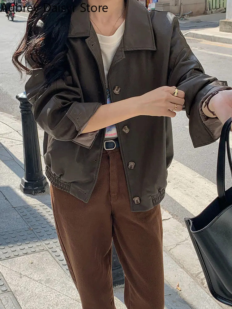 Korean Chic Black Leather Jacket Women Streetwear Vintage Solid Thin Single Breasted Coats Cropped Moto Biker Faux Leather Coat