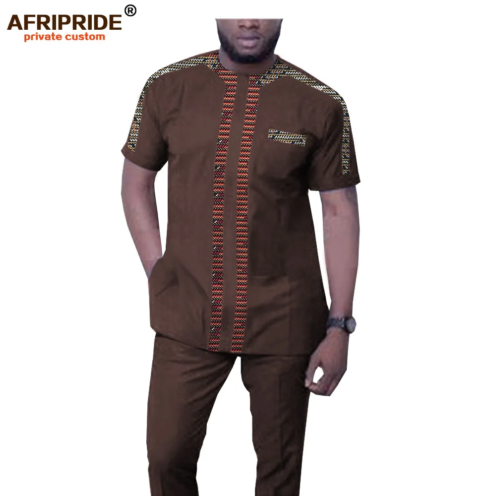 African Men`s Tracksuit Dashiki Printed Blouse and Pants Set Ankara Clothing Short Sleeve Shirts Suit AFRIPRIDE A1916045