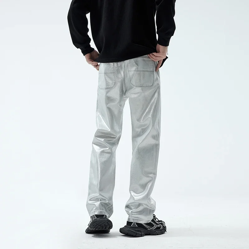 Мужские прямые джинсы в стиле хип-хоп серебристые свободные брюки из джинсовой