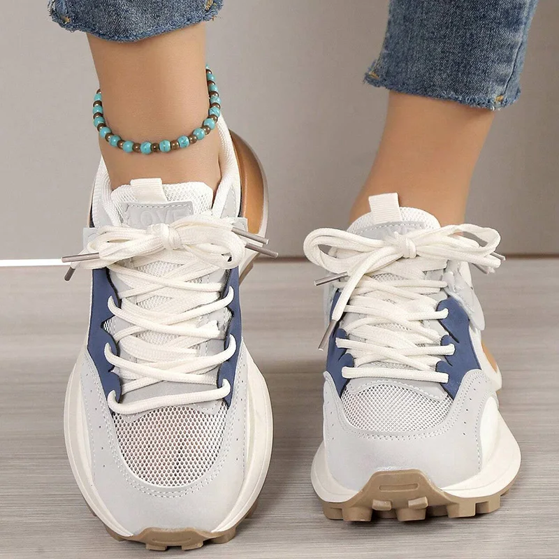 Women Summer Color Block Letter Patch Decor Sneakers Soft Sole Shoes Women Chunky Heel Fashion Sneaker Breathable Sneakers