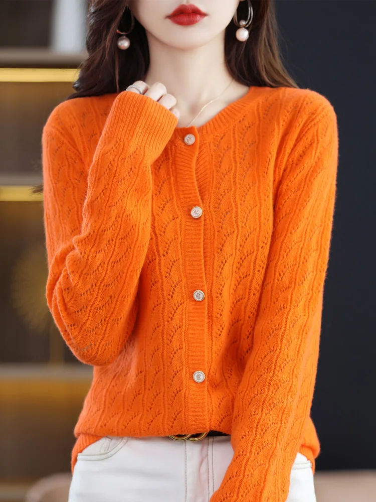 

100% Merino Wool Coat Women's Clothing O Neck Cardigan Spring and Autumn New Tops Korean Fashion Large Size Jacket