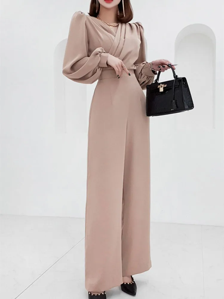 

Women Korean V-Neck Business Jumpsuits Fashion Wide Leg Trousers Casual Rompers Lady High Waist Office Clothing