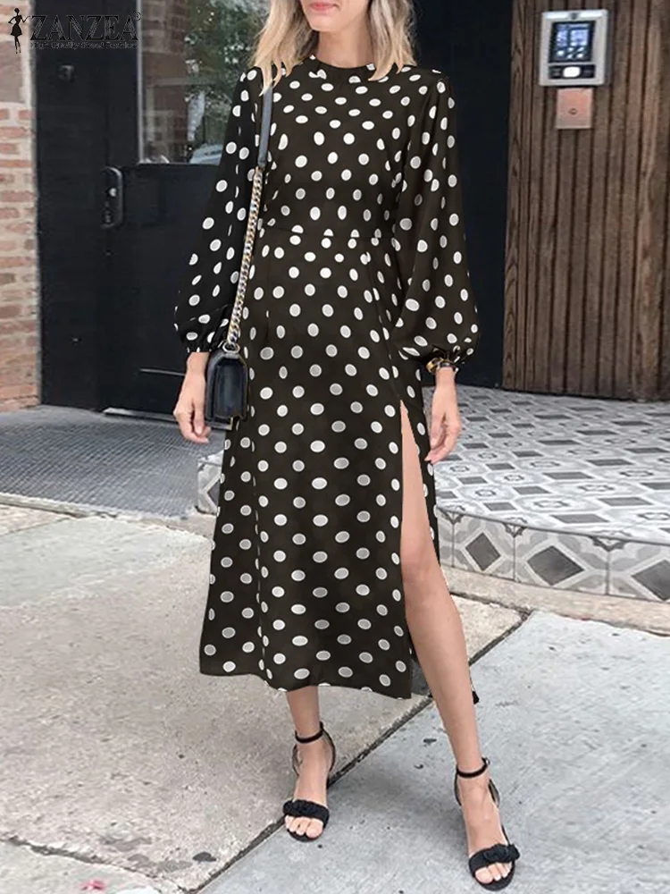 

Casual Party Bohemian Long Dresses Women Elegant Puff Sleeve Vestidos 2022 Autumn Sexy Slit Robe ZANZEA Fashion Polka Dot Dress