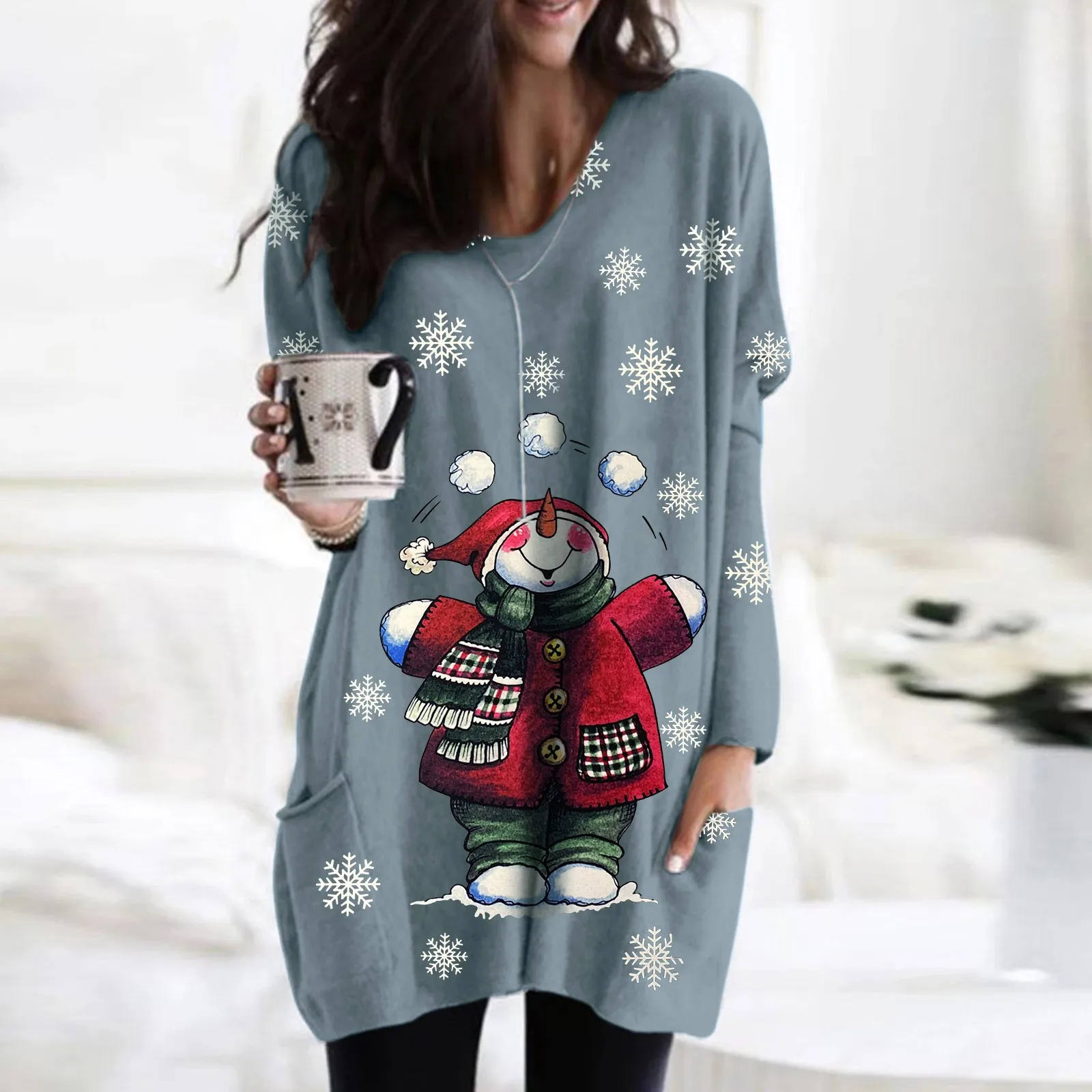 

Женский Повседневный Топ с рождественским принтом снеговика, свободные длинные футболки с круглым вырезом и рукавами «летучая мышь» и карм...
