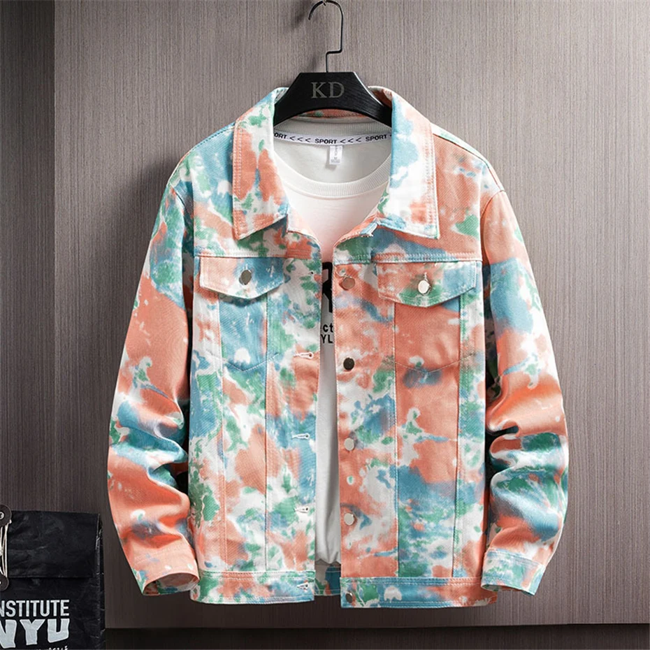 

Tie-dye Denim Jacket Men Hip Hop Streetwear Tie-dye Jeans Jacket Coat Male