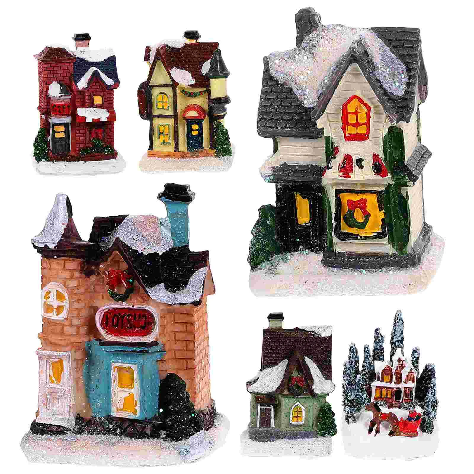 

6 Pcs Christmas Glowing House Tree Decorations Resin Luminous Xmas Craft Adorn Party Child Gift Mini Elf