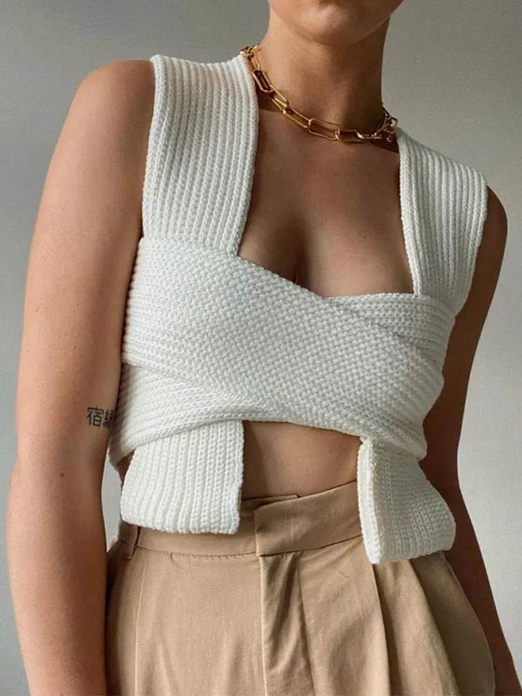 

Irregular Collar Solid Wool Sleeveless Bandage Top with Belt Women Sexy Style Mall Gothe Y2k Clothes 2023 Summer