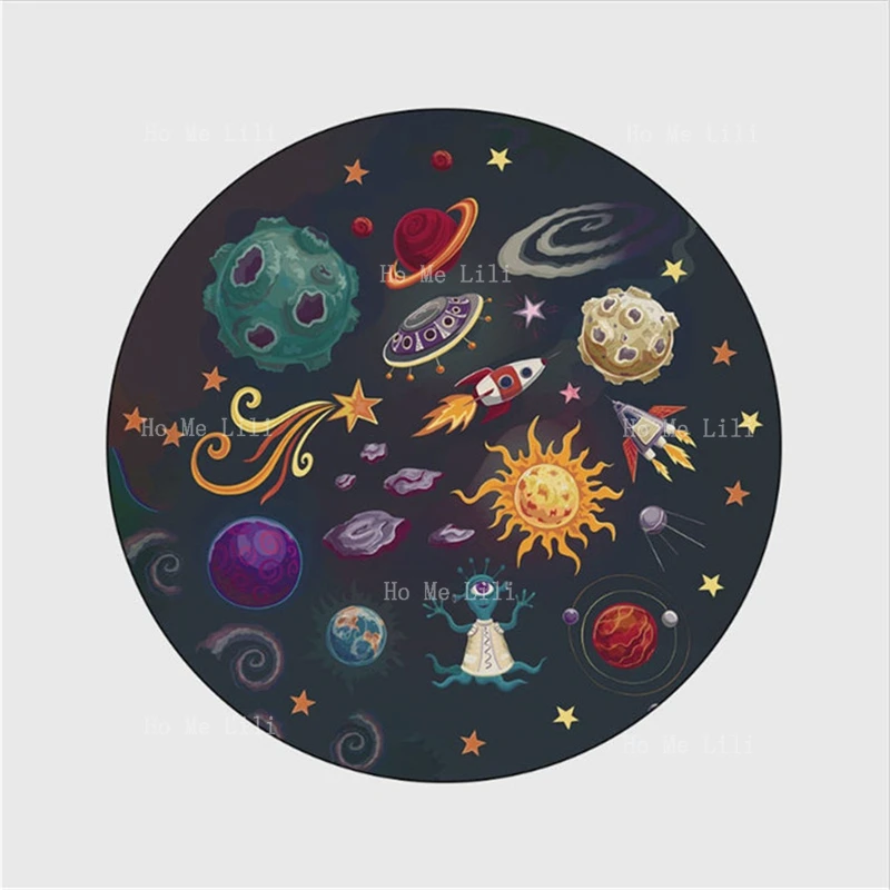 

Cartoon Outer Space Airship Universe Planets Pattern Round Flannel Floor Rugs Modern Home Decor For Children Rooms Bedroom