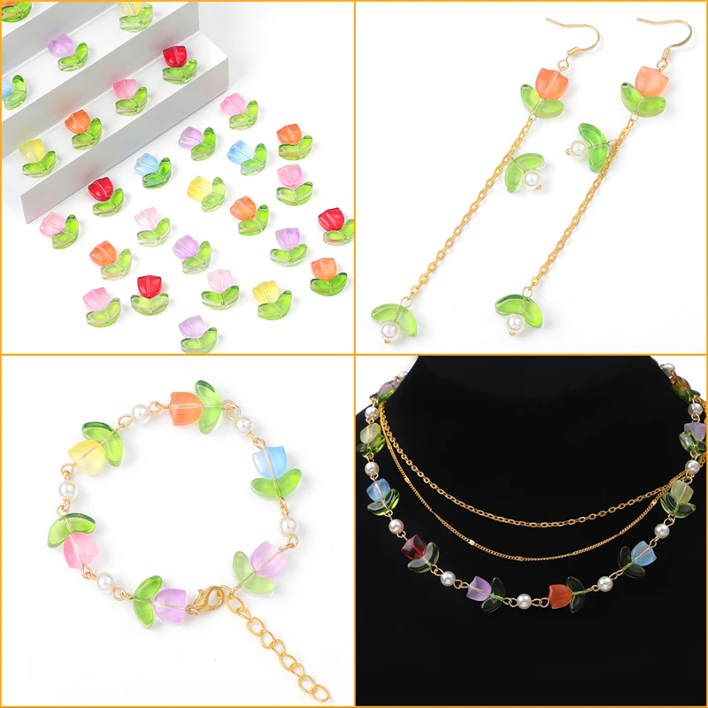 10/20Sets Handmade Colorful Glass Tulip Flower Beads Charm for Earring Bracelet Necklace DIY Jewelry Craft Making Accessories images - 6