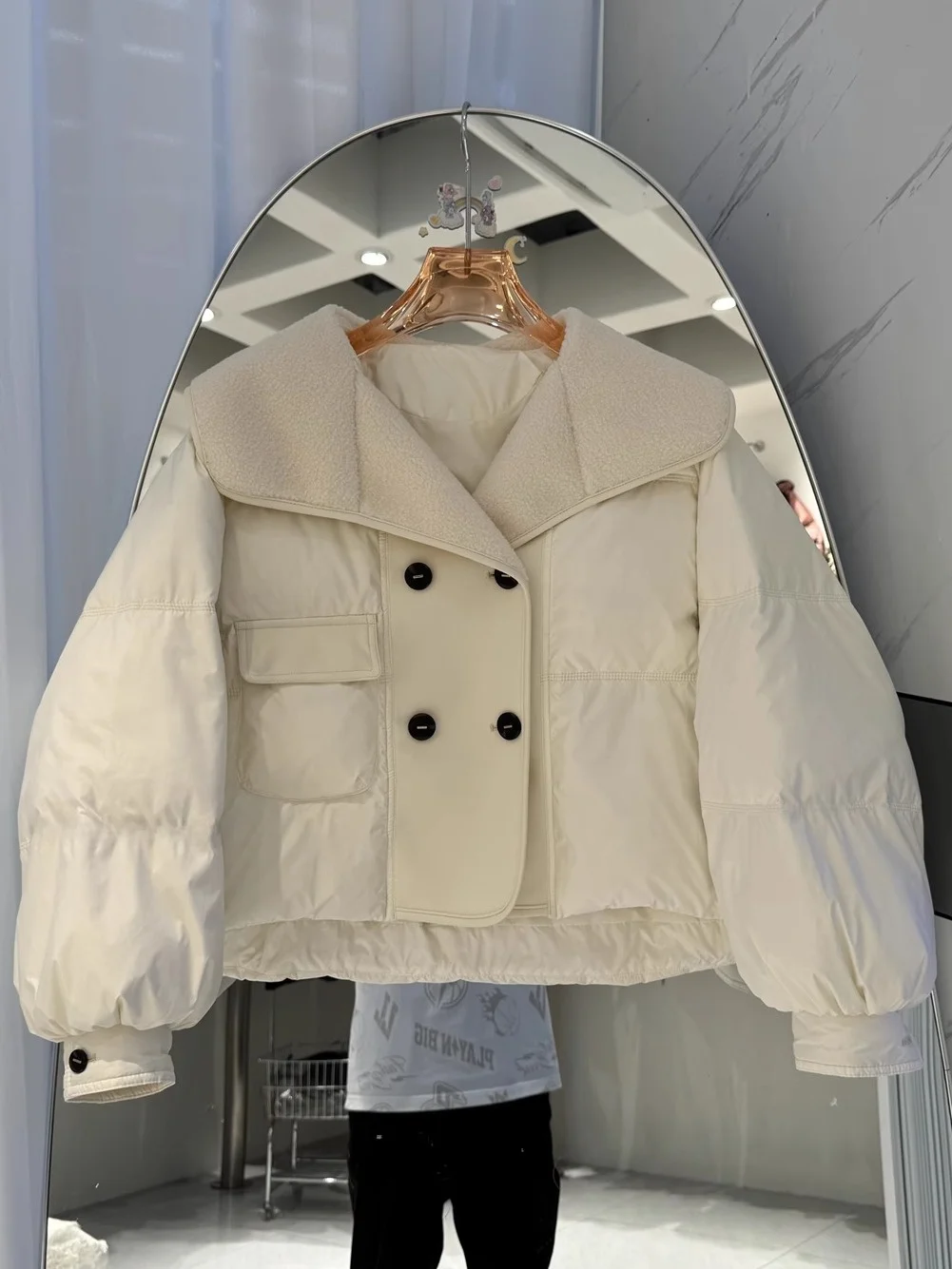 2024 новый зимний пуховик женский короткий из овечьей шерсти кожаная лоскутная