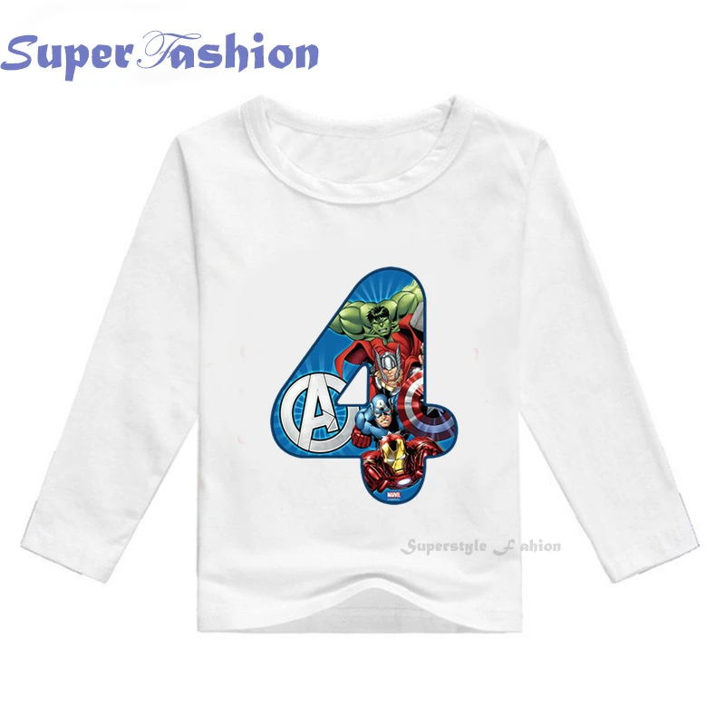 

Boys Spiderman Avengers Happy Birthday Number 1~9th Kids Long Sleeve T-shirts Custom Name White T Shirts Marvel Boy Clothes