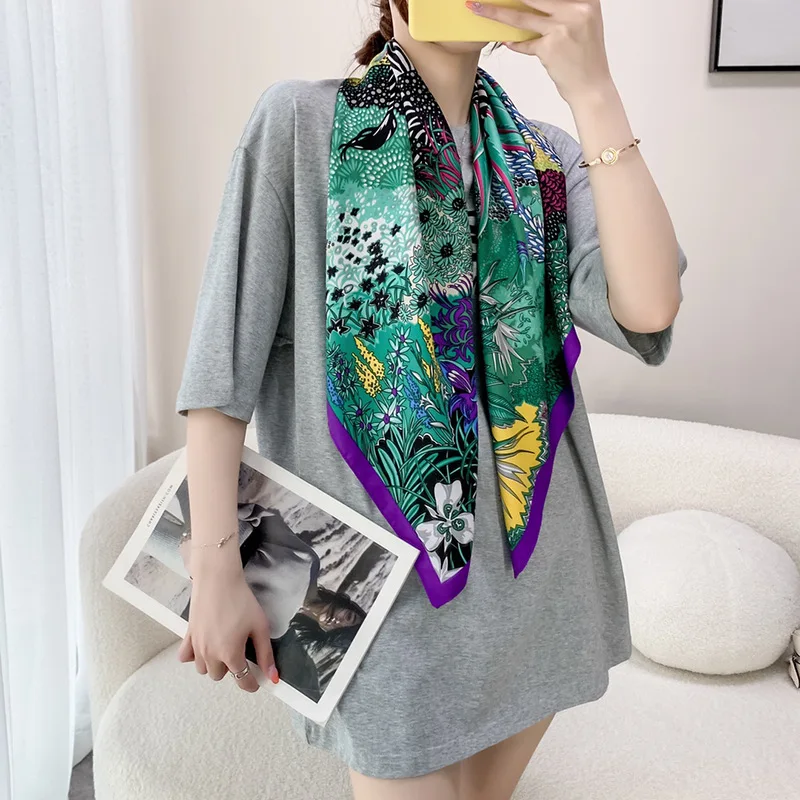 

Elegant Kerchief Women Neck Scarves Fashion Shawls Wraps Bandana Head Hair Scarf Printed Twilll Silk Hijab Scarfs Female 90*90CM