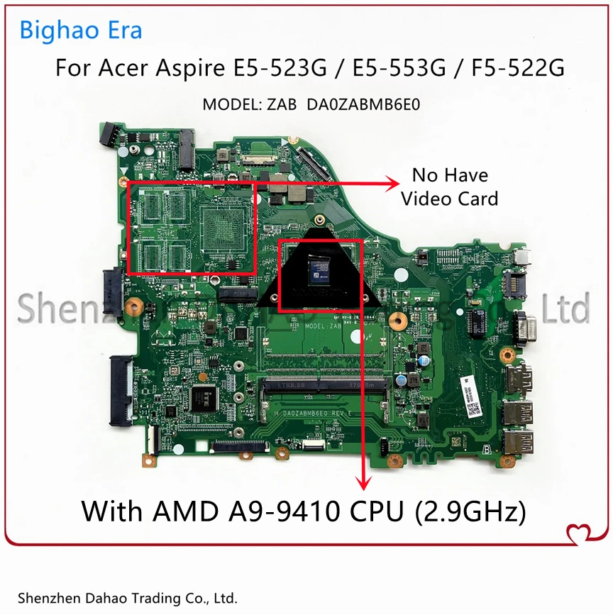 

DA0ZABMB6E0 For Acer Aspire E5-523 E5-523G E5-553 E5-553G Laptop Motherboard With A9-9410 CPU NBGDN11003 NB.GDN11.003 100% Test