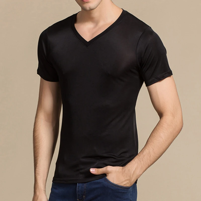 Mens V-Neck Undershirts Men Silk Knitted Seamless Short Sleeves Basics Shirts Summer Sexy Fitness Body Building Underwear