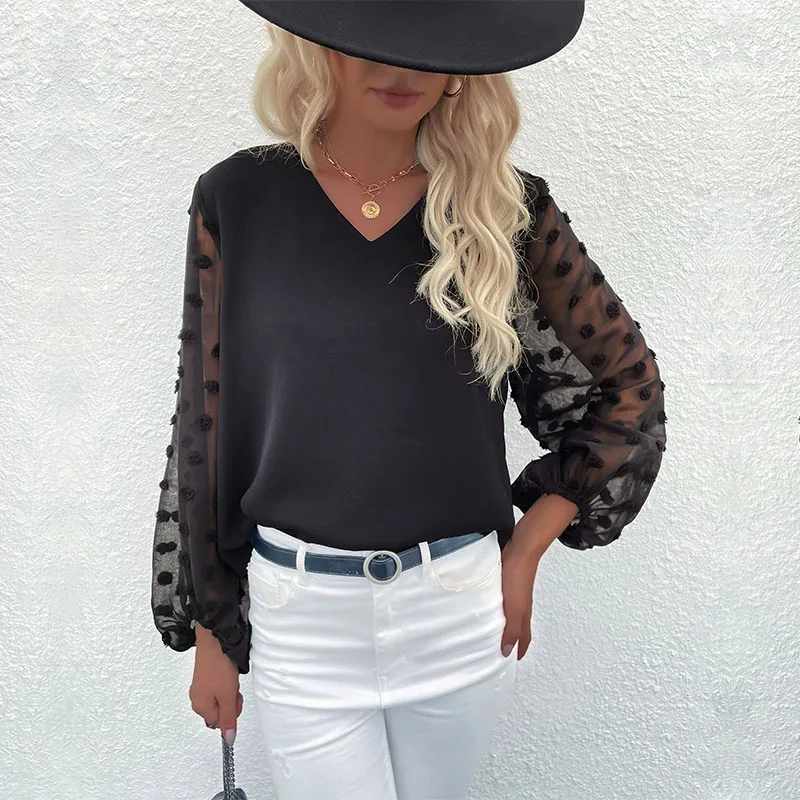 

Блузка женская шифоновая в горошек, с V-образным вырезом и длинным рукавом