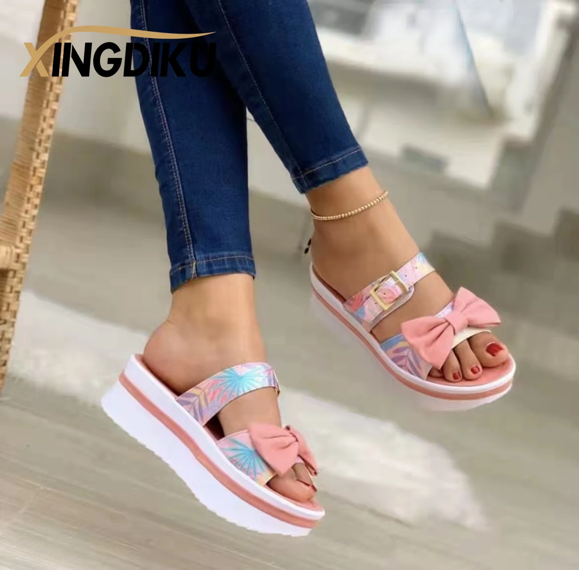 

Pink Bow Wedge Ladies Summer Slippers Waterproof Platform Ladies Plus Size Sandals Sweet and Cute Student Beach Shoes black blue
