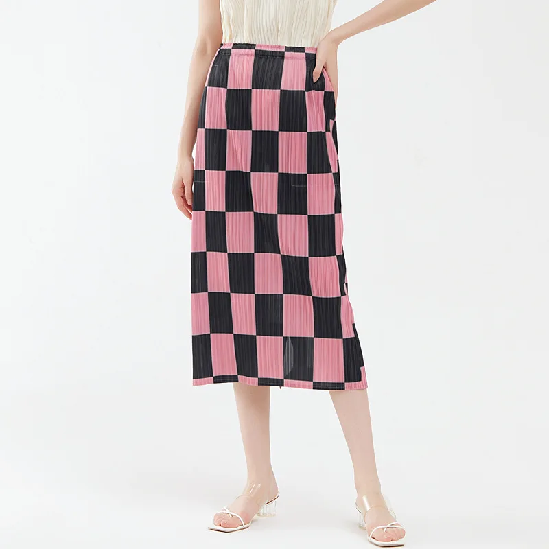 Japanese designer pleated summer women's new Korean style temperament skirt checkerboard small niche A-word bag hip skirt